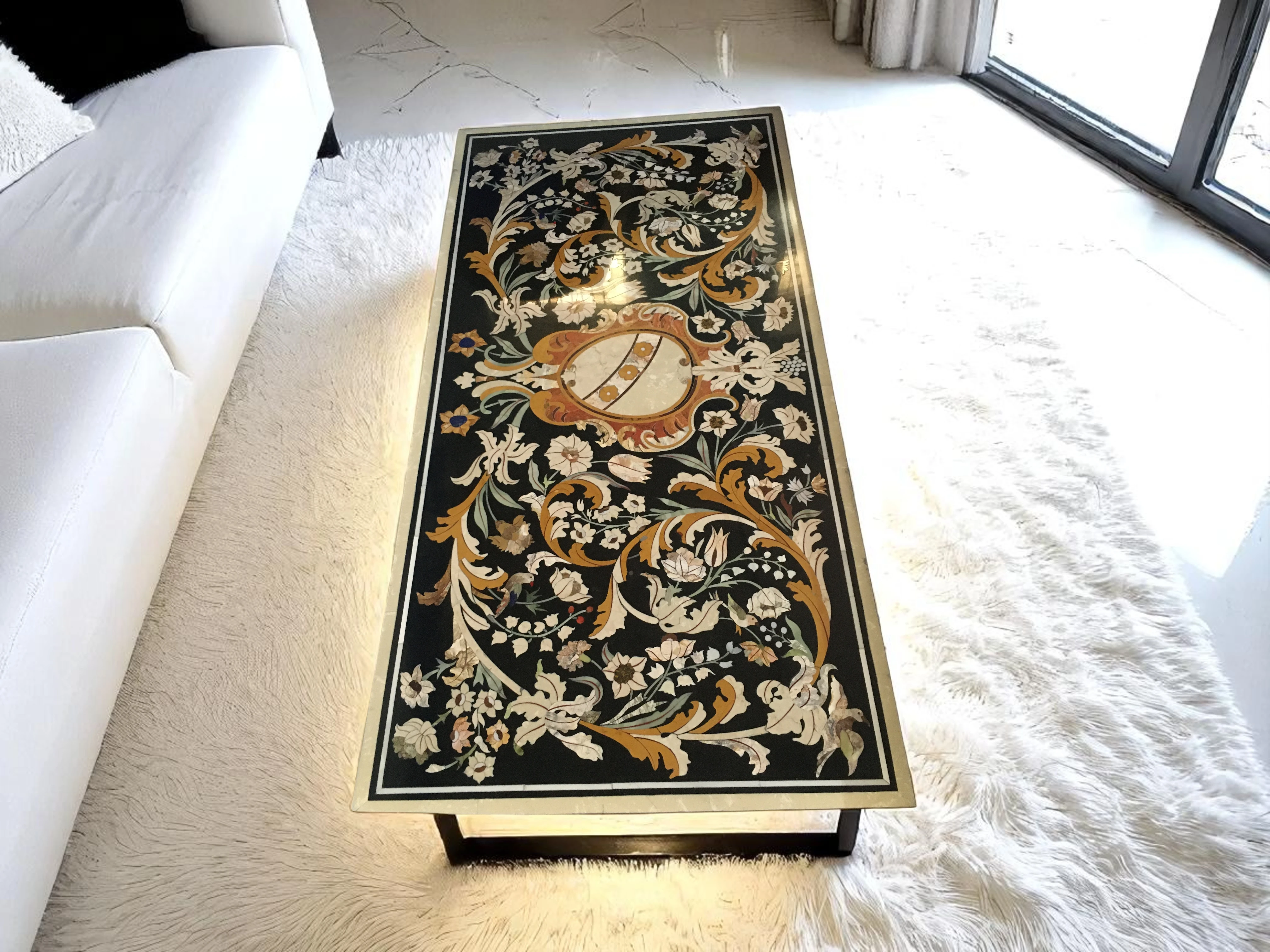 Handmade Inlay Marble Center Table Pietra Dura  17th-Century Mughal Designs